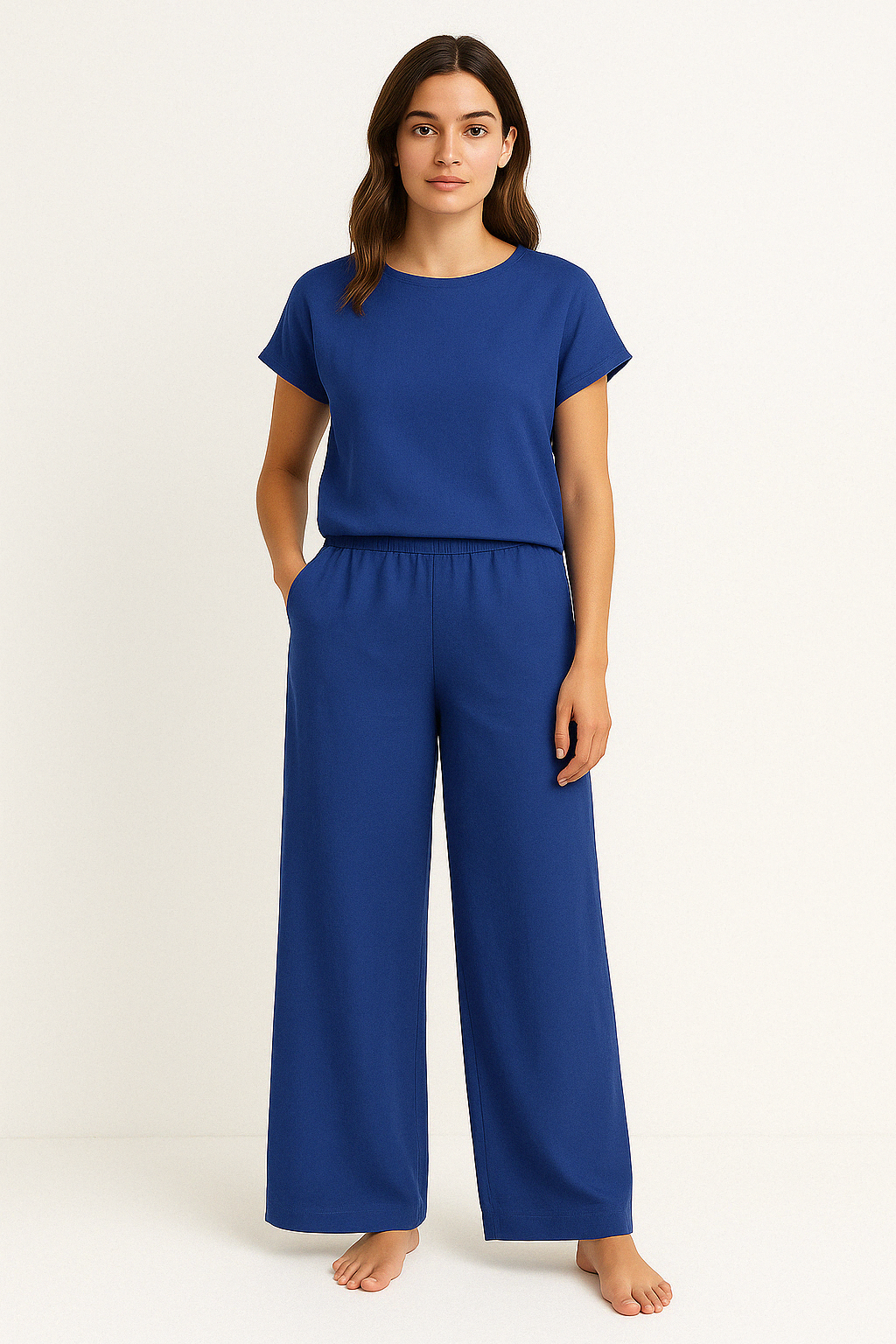 Women’s Two-Piece Set – Relaxed Fit – Soft Knit – Crew Neck Top – Wide-Leg Trousers