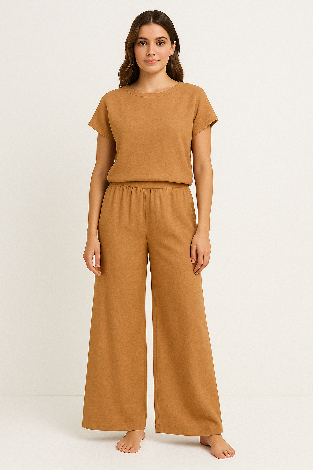 Women’s Two-Piece Set – Relaxed Fit – Soft Knit – Crew Neck Top – Wide-Leg Trousers