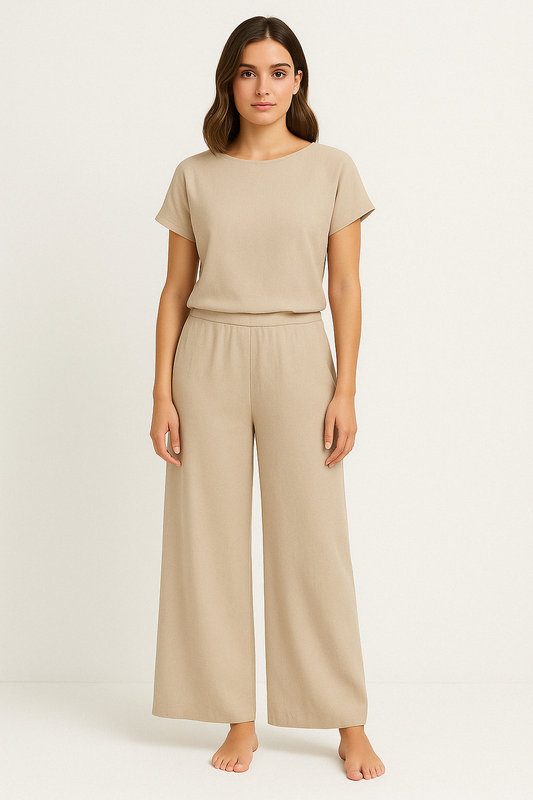Women’s Two-Piece Set – Relaxed Fit – Soft Knit – Crew Neck Top – Wide-Leg Trousers