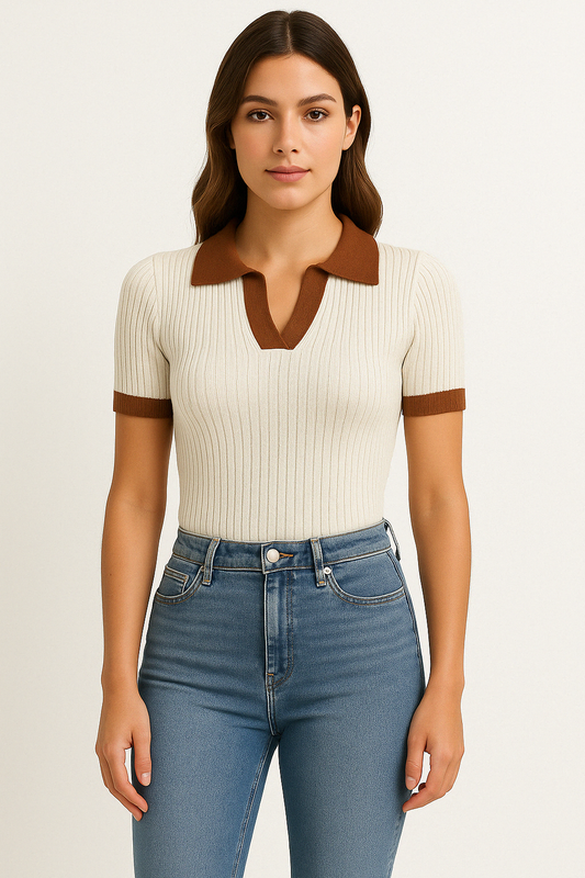 Women’s Knit Polo Shirt – Slim Fit – Ribbed Texture – Cropped Waist – V-Neck – Short Sleeve