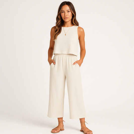 Women’s Lounge Set – Sleeveless Crop Top – Wide Leg Pants – Lightweight Cotton Blend