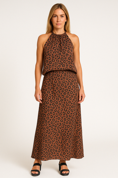 Women’s Two-Piece Set – Halter Neck Top – Flowing Maxi Skirt – Lightweight Fabric