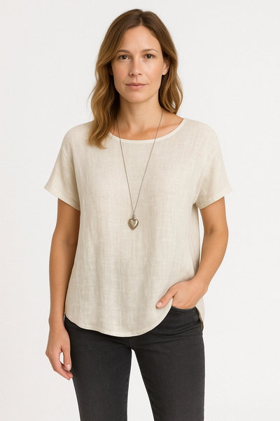 Women’s T-Shirt – Linen Blend – Loose Fit – Short Sleeve – Curved Hem Casual Style