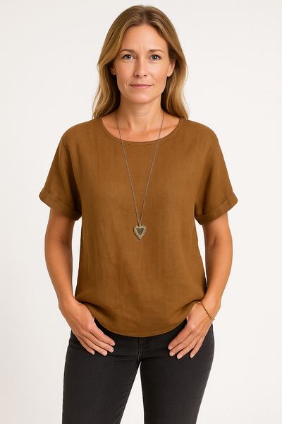 Women’s T-Shirt – Linen Blend – Loose Fit – Short Sleeve – Curved Hem Casual Style