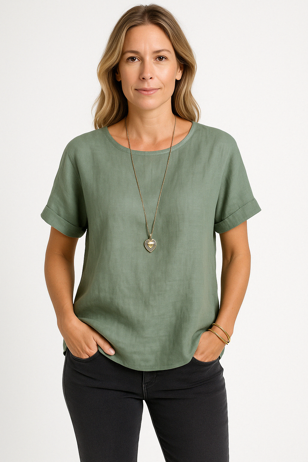 Women’s T-Shirt – Linen Blend – Loose Fit – Short Sleeve – Curved Hem Casual Style
