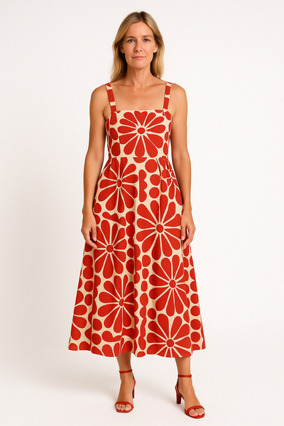Women’s Sundress – Fitted Bodice – Floral Pattern – A-Line Midi – Spaghetti Straps