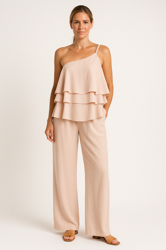 Women’s Two-Piece Set – Asymmetrical Ruffle Top – Wide-Leg Full-Length Pants – Flowy Fit