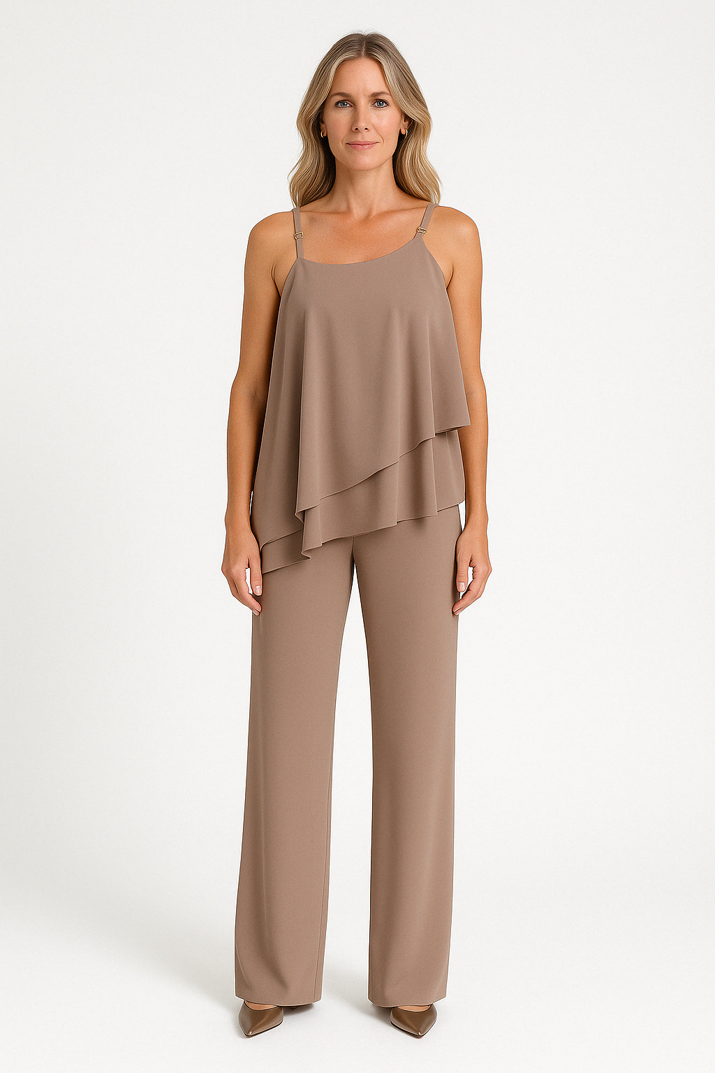 Women’s Two-Piece Set – Asymmetric Draped Top – Sleeveless – Straight-Leg Relaxed Pants