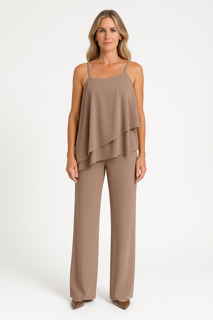 Women’s Two-Piece Set – Asymmetric Draped Top – Sleeveless – Straight-Leg Relaxed Pants