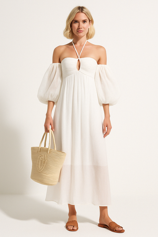 Women’s Maxi Dress – Off Shoulder – Puff Sleeve – Cut-Out Chest – Flowy Cotton Blend
