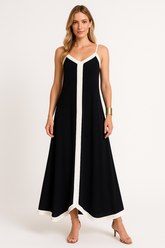 Women’s Maxi Dress – Loose Fit – Lightweight Fabric – Thin Straps – Contrast Detail