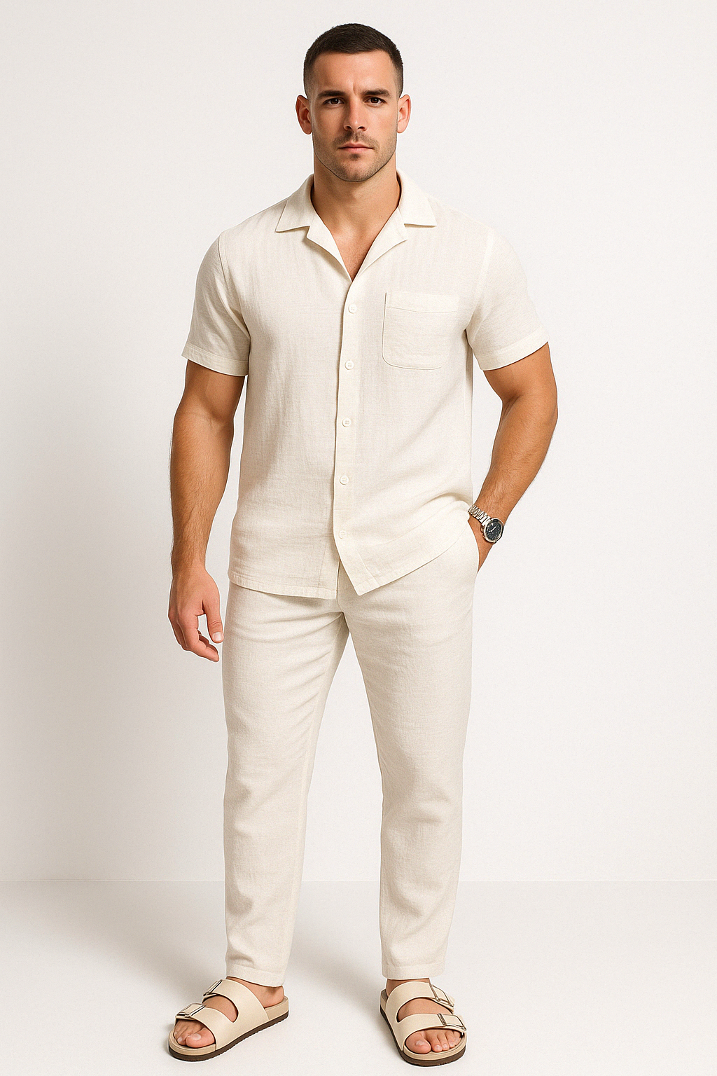 Men’s Shirt and Trousers Set – Lightweight Cotton – Relaxed Fit – Short Sleeve Casual
