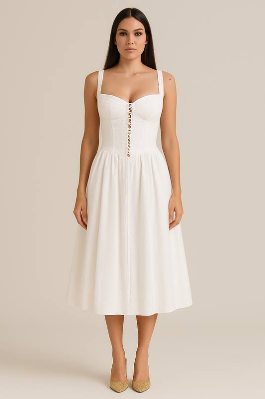 Women’s Midi Dress – Off-Shoulder – Fitted Bodice – Flowing Skirt – Lace Detail