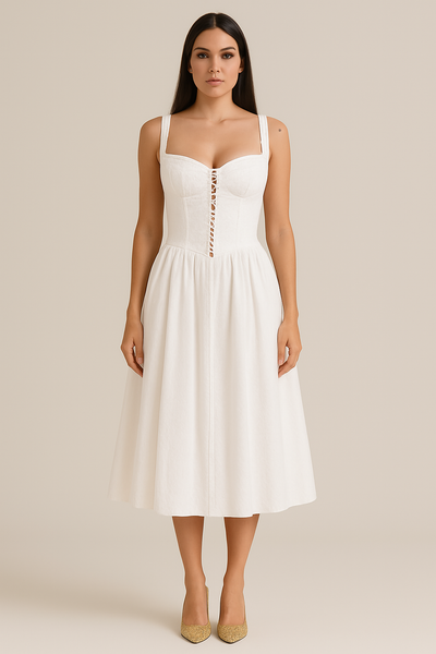 Women’s Midi Dress – Off-Shoulder – Fitted Bodice – Flowing Skirt – Lace Detail
