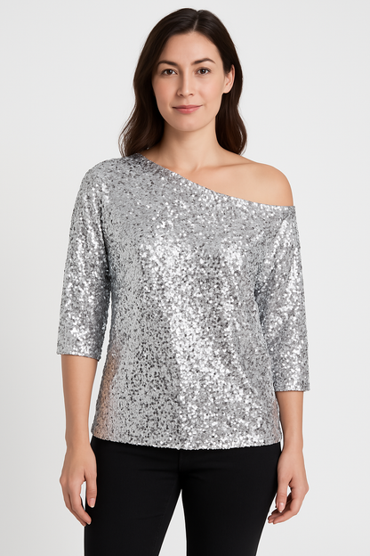 Women’s Sequin Top – Off Shoulder – Relaxed Fit – Mid Sleeve Party Wear