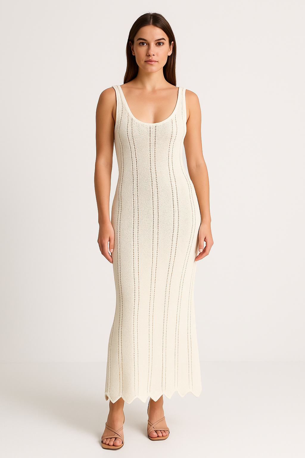 Women’s Knit Dress – Bodycon Fit – Scoop Neck – Open Back – Ankle Length – Scalloped Hem