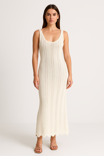 Women’s Knit Dress – Bodycon Fit – Scoop Neck – Open Back – Ankle Length – Scalloped Hem