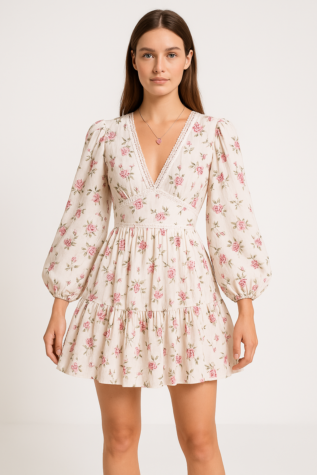 Women’s A-Line Dress – V-Neck Lace Trim – Long Puff Sleeve – Floral Mini