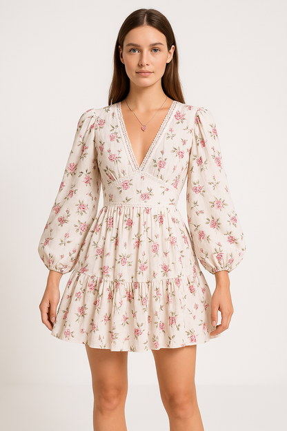 Women’s A-Line Dress – V-Neck Lace Trim – Long Puff Sleeve – Floral Mini
