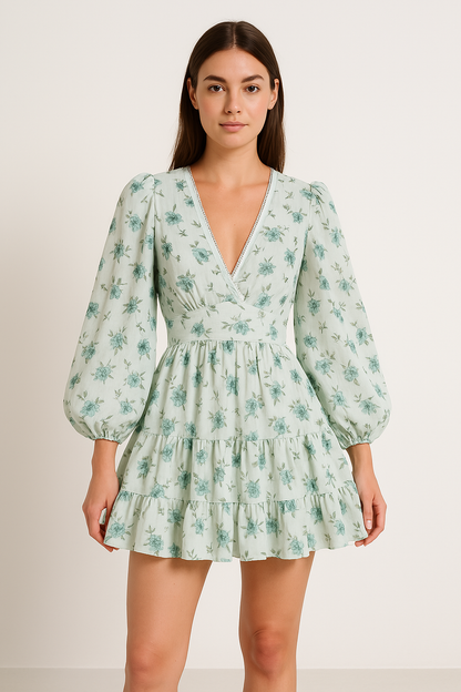 Women’s A-Line Dress – V-Neck Lace Trim – Long Puff Sleeve – Floral Mini