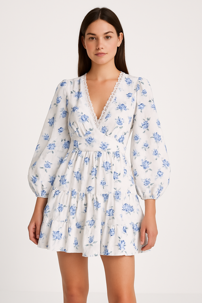 Women’s A-Line Dress – V-Neck Lace Trim – Long Puff Sleeve – Floral Mini