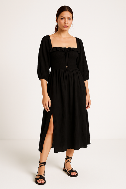 Women’s A-Line Dress – Cotton Blend – Smocked Waist – V-Neck Ruffle – Long Sleeve