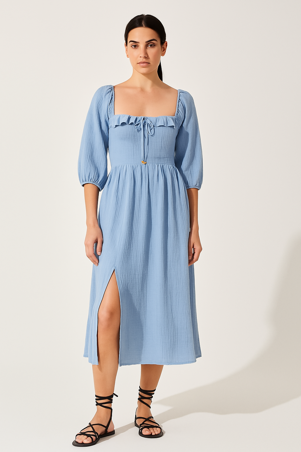 Women’s A-Line Dress – Cotton Blend – Smocked Waist – V-Neck Ruffle – Long Sleeve