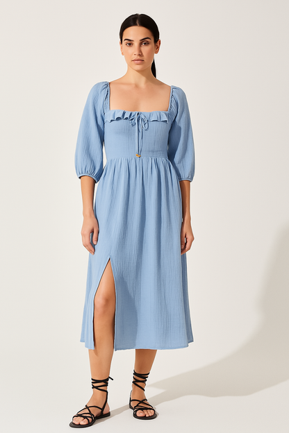 Women’s A-Line Dress – Cotton Blend – Smocked Waist – V-Neck Ruffle – Long Sleeve