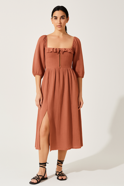Women’s A-Line Dress – Cotton Blend – Smocked Waist – V-Neck Ruffle – Long Sleeve