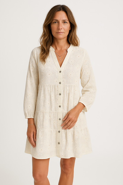 Women’s Short Dress – Cotton A-Line – Embroidered Eyelet Lace – V-Neck Boho Style
