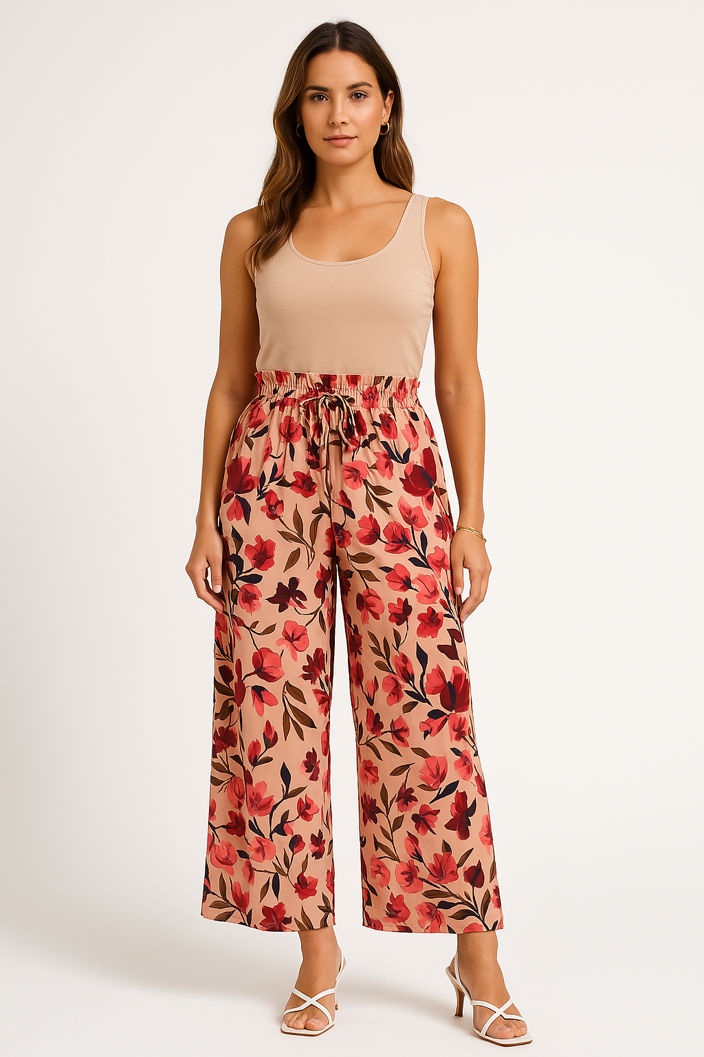 Women’s Wide-Leg Pants – Chiffon – High Waist – Floral Print – Drawstring Elastic Waist