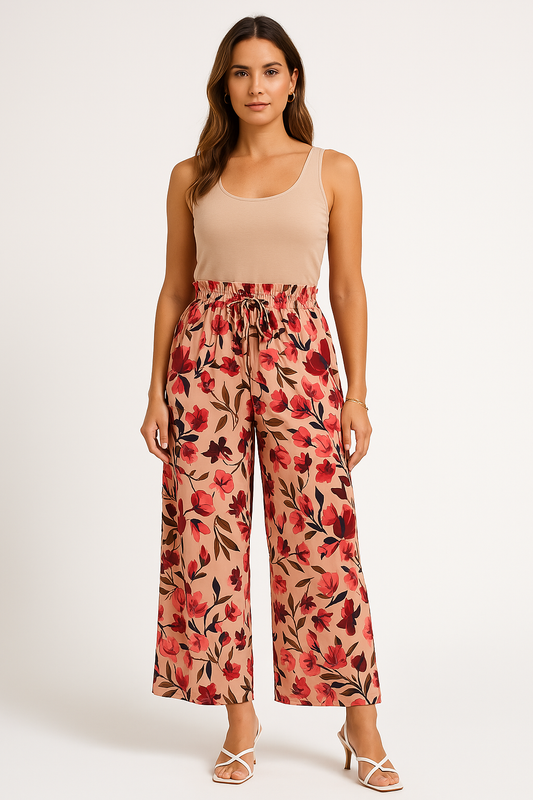 Women’s Wide-Leg Pants – Chiffon – High Waist – Floral Print – Drawstring Elastic Waist