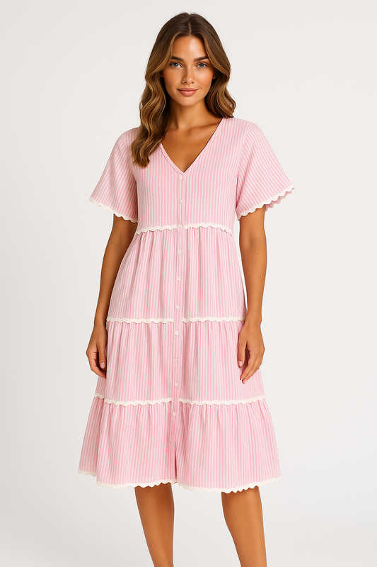 Women’s V-Neck Dress – Loose Fit – Tiered Layers with Lace Trim – Short Sleeve Cotton Blend