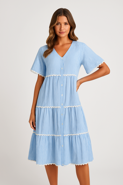 Women’s V-Neck Dress – Loose Fit – Tiered Layers with Lace Trim – Short Sleeve Cotton Blend