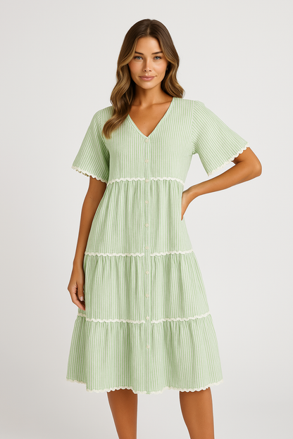 Women’s V-Neck Dress – Loose Fit – Tiered Layers with Lace Trim – Short Sleeve Cotton Blend