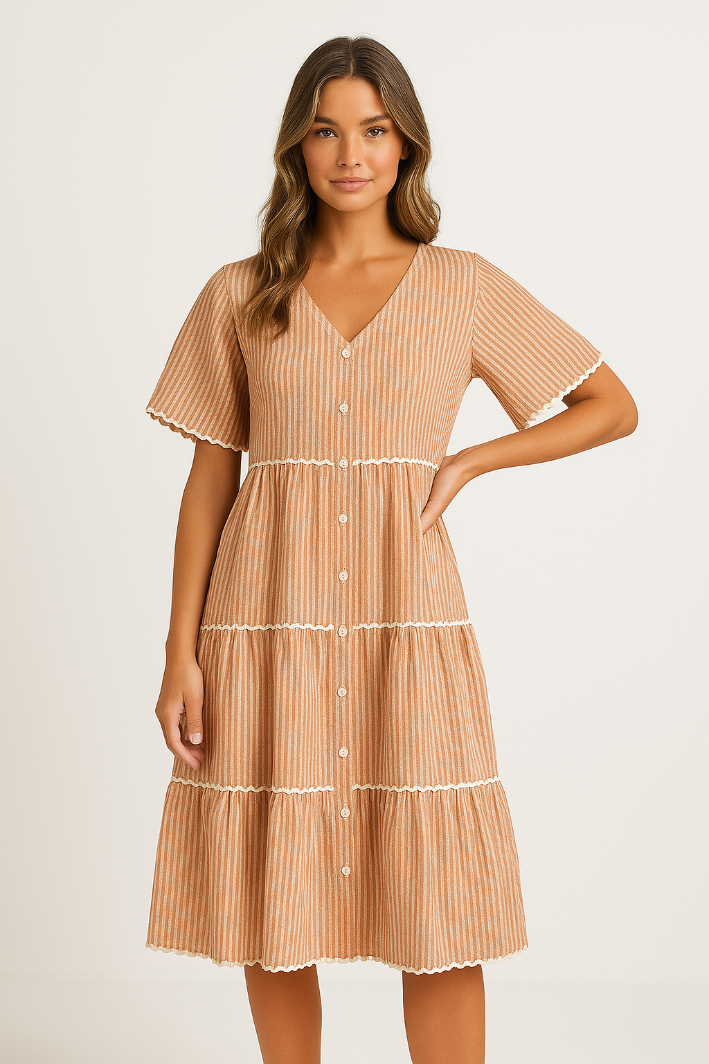 Women’s V-Neck Dress – Loose Fit – Tiered Layers with Lace Trim – Short Sleeve Cotton Blend
