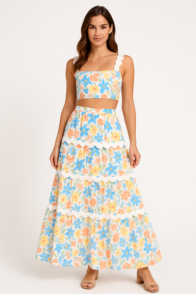 Women’s Two-Piece Set – Lace Trim Crop Top – Tiered High-Waist Skirt – Cotton Blend
