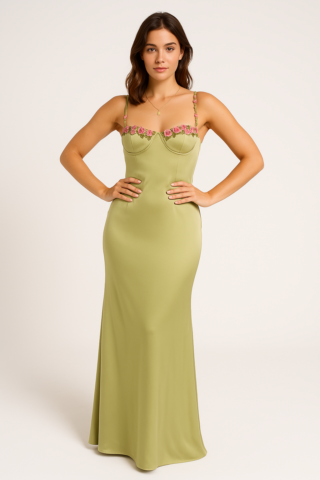 Women’s Long Dress – Satin Slim Fit – Floral Lace Trim – Sweetheart Neck Gown
