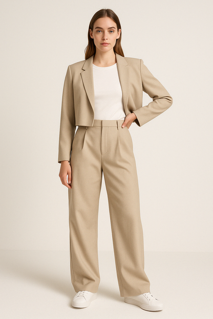 Women’s Tailored Trousers – Wide Leg – High Waist – Front Pleats – Full Length
