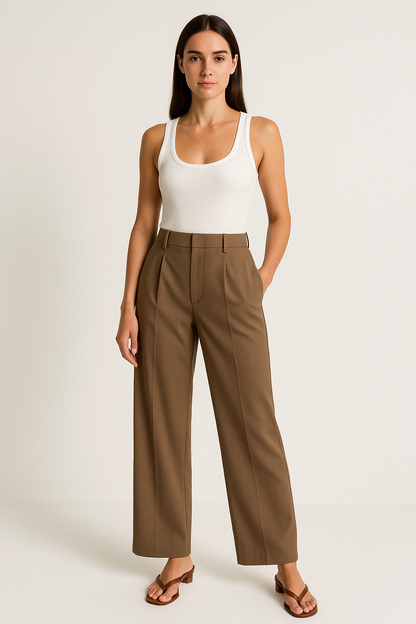 Women’s Tailored Trousers – Wide Leg – High Waist – Front Pleats – Full Length