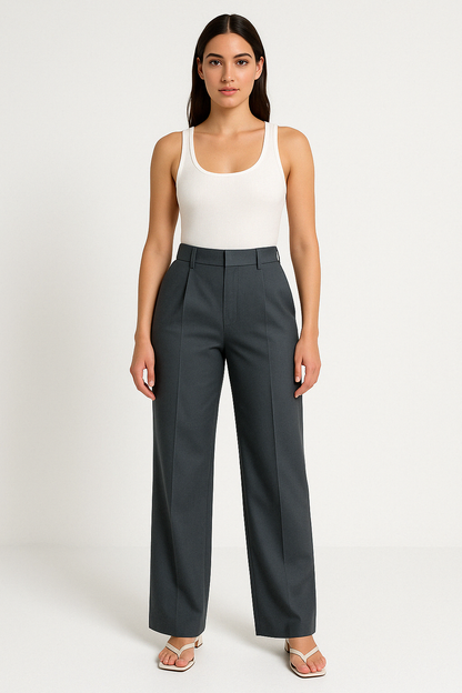 Women’s Tailored Trousers – Wide Leg – High Waist – Front Pleats – Full Length