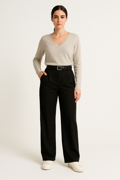 Women’s Tailored Trousers – Wide Leg – High Waist – Front Pleats – Full Length