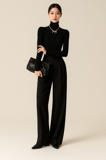 Women’s Wide-Leg Trousers – High Waist – Tailored Pleats – Full Length Woven Fabric