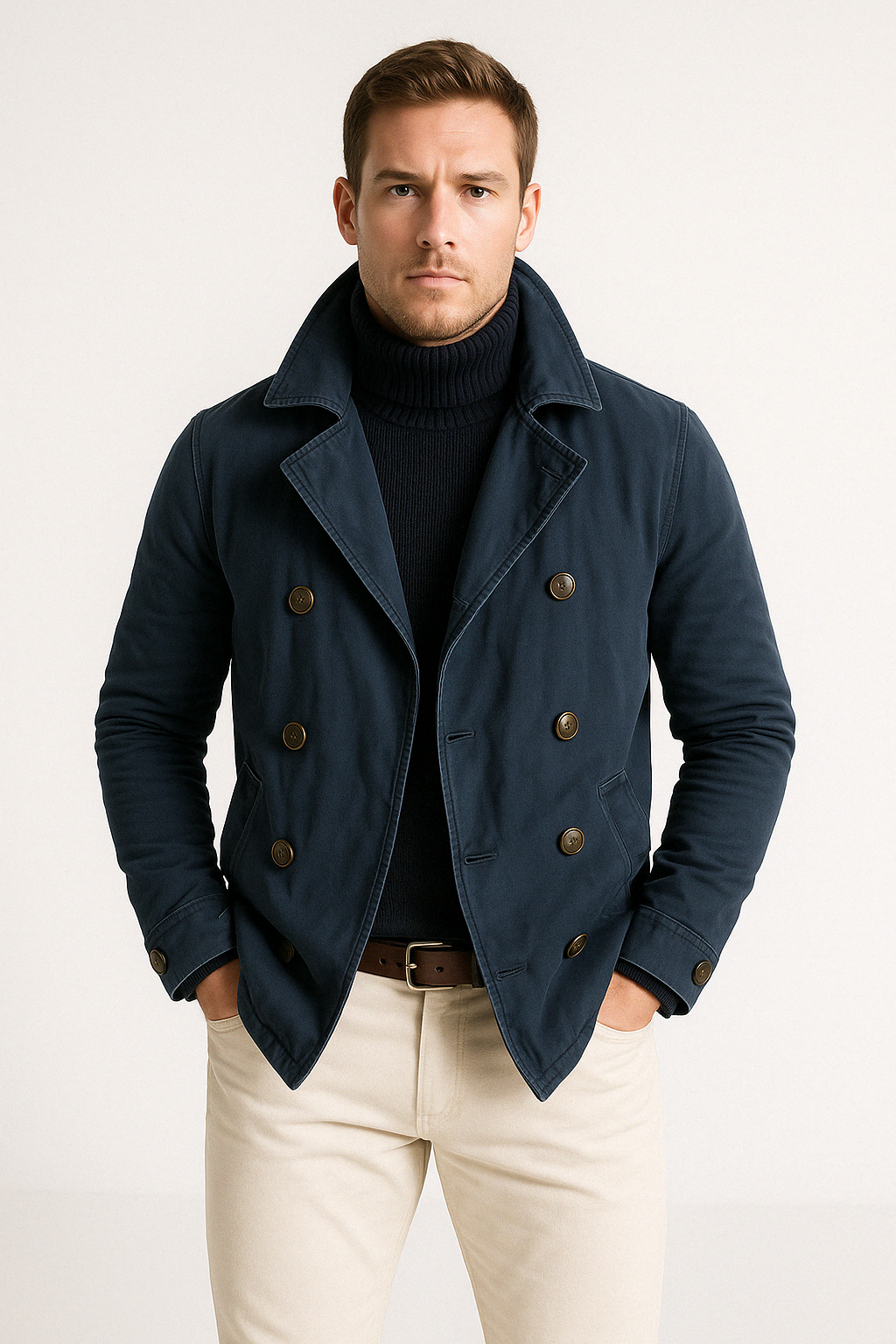 Men’s Casual Jacket – Structured Fit – Double-Breasted – High Collar