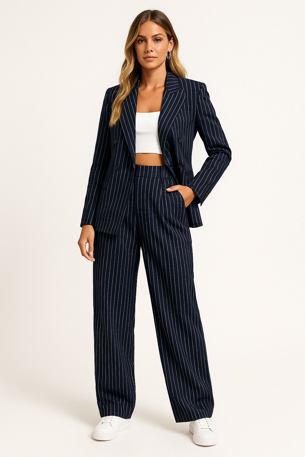 Women’s Blazer and Trouser Set – Tailored Fit – High Waist Wide Leg – Pinstripe – Double-Breasted