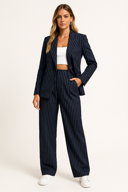 Women’s Blazer and Trouser Set – Tailored Fit – High Waist Wide Leg – Pinstripe – Double-Breasted