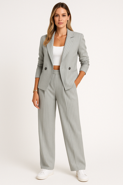 Women’s Blazer and Trouser Set – Tailored Fit – High Waist Wide Leg – Pinstripe – Double-Breasted