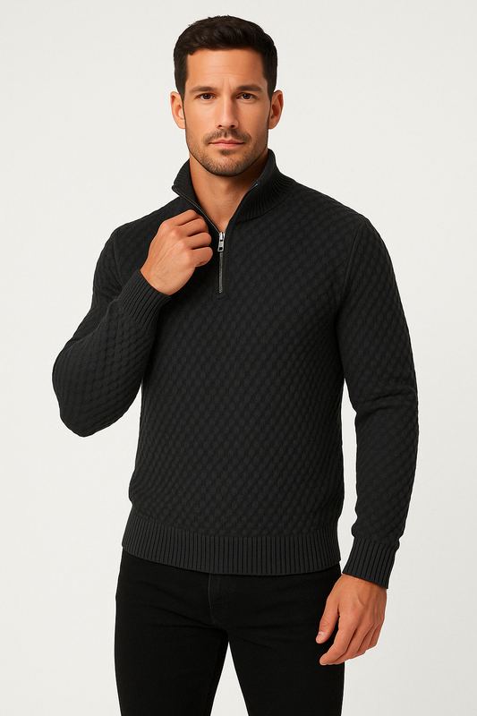 Men’s Half Zip Sweater – Textured Knit – Tailored Fit – Ribbed Trim – Soft Feel
