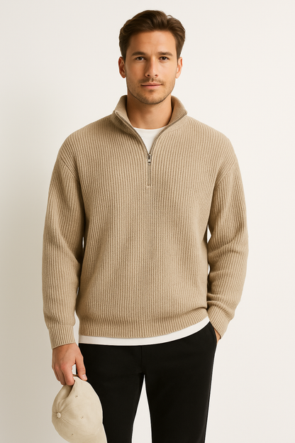Men’s Half Zip Sweater – Ribbed Texture – Relaxed Fit – Casual Layer
