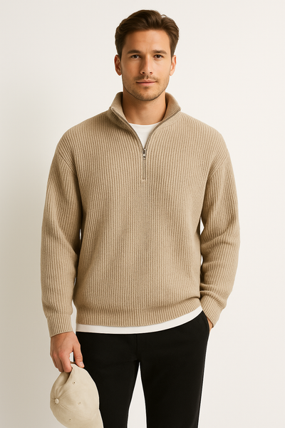 Men’s Half Zip Sweater – Ribbed Texture – Relaxed Fit – Casual Layer